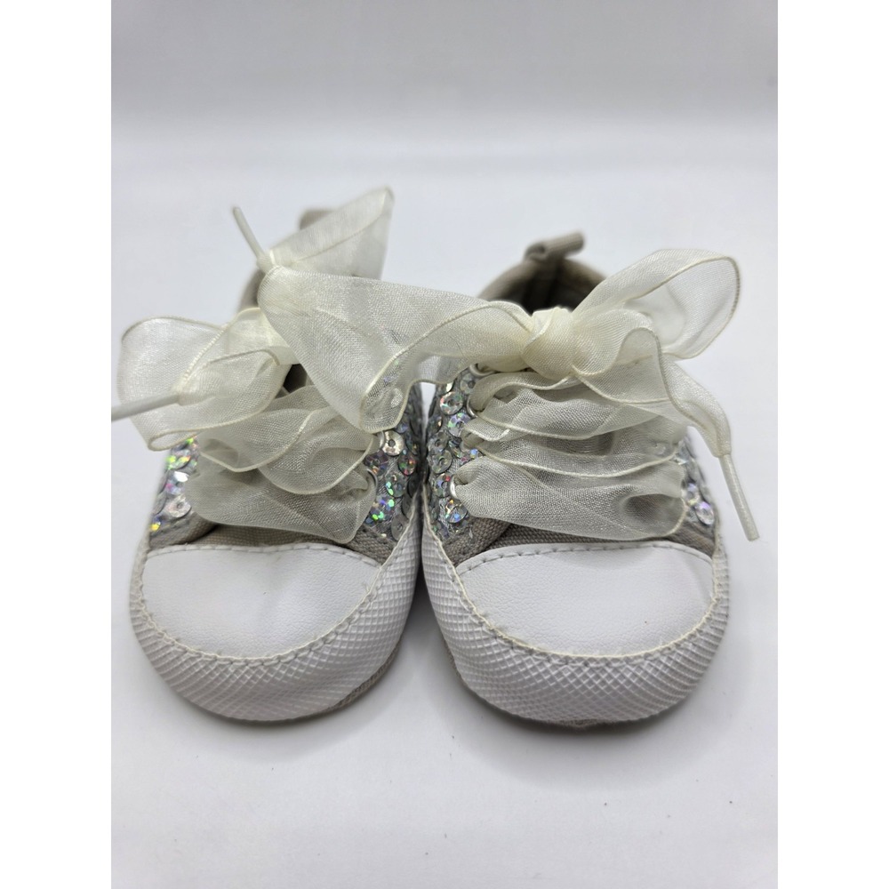 Stepping Stones Girls Silver White Sequins Shoes Ribbon Laces 3-6 Mon